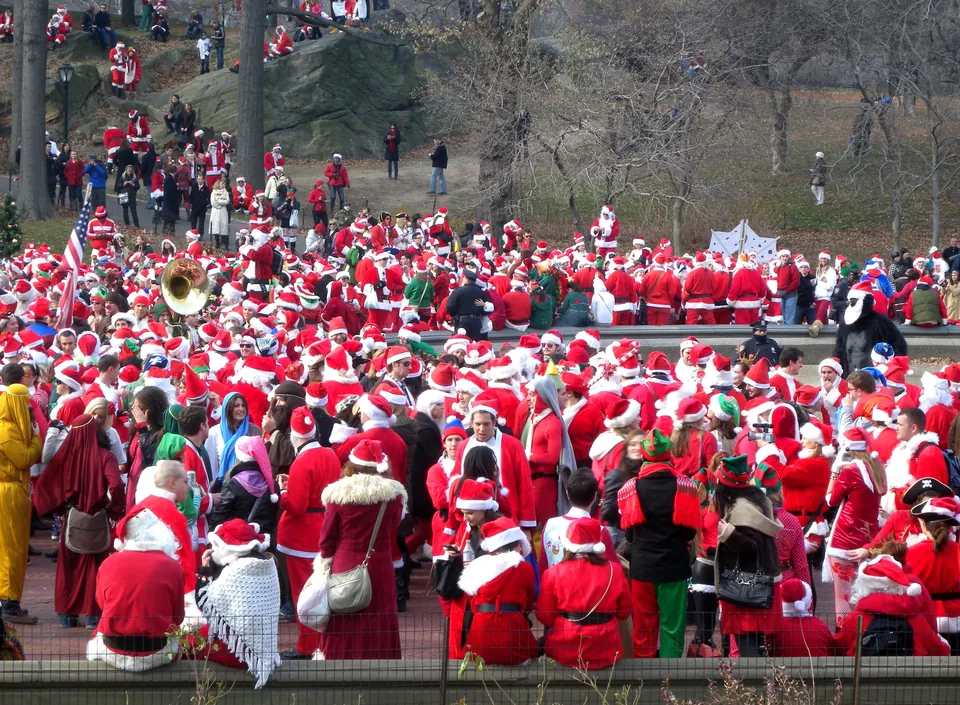 A large gathering of Santas at Bethesda Terrace in New York’s Central Park