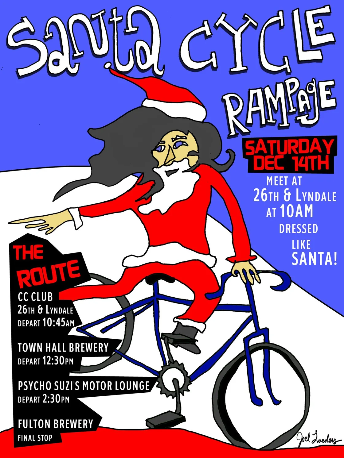 Hand-drawn Santa Cycle Rampage poster for Saturday, December 14