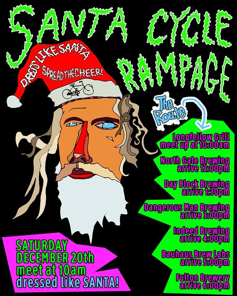 Illustrated Santa Cycle Rampage poster with a brewery route