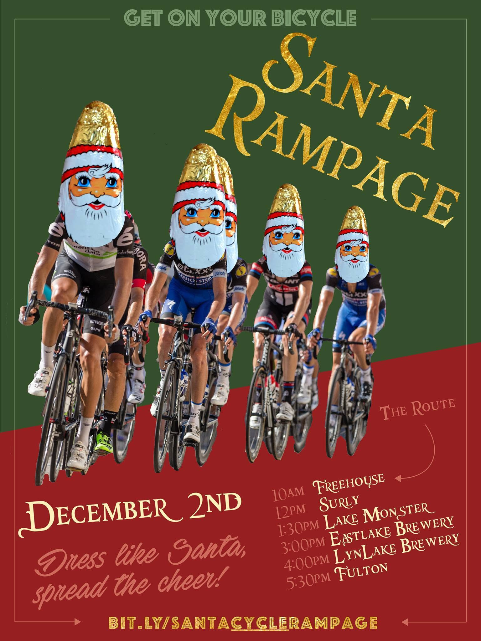 Vintage Santa Cycle Rampage poster with four Santa-faced cyclists